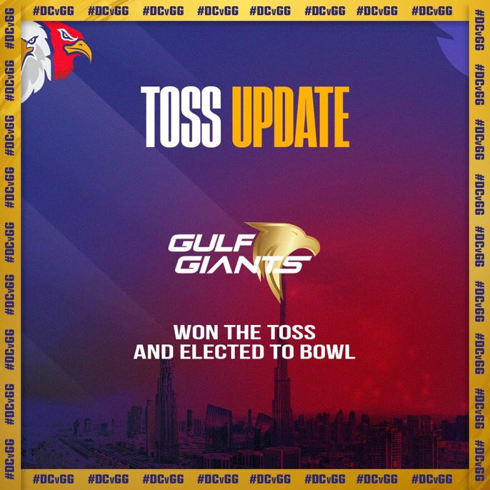 Toss DC VS GG 🪙

Gulf Giants have won the toss and they have decided to bowl first.

Robbie and Rootie will be batting together ❤️💙

#DCvGG #DPWorldILT20 #SoarHighDubai #WeAreCapitals