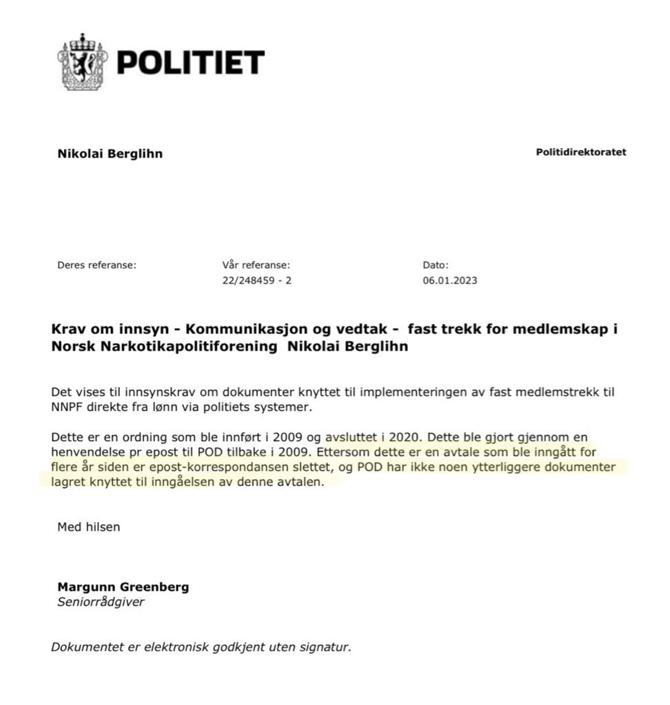 Jeg ser lønnstrekkene til NNPF skal granskes @nrknyheter @SigridSollund, men 'avtalen' ble inngått per e-post i 2009 og er nå beleilig slettet! Dette er alt meldt til @SivOmb og meldes fortløpende til @Arkivverket.