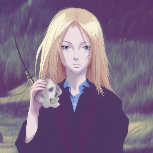 Anime girl holding a skull. #animeart #manga #animegirl #blondehair #skull #gothic #darkart #otaku #fanart #illustration #digitalart #kawaii #cute #pretty #artwork #instaanime #animestyle #animedrawing #animedrawing #animefanart