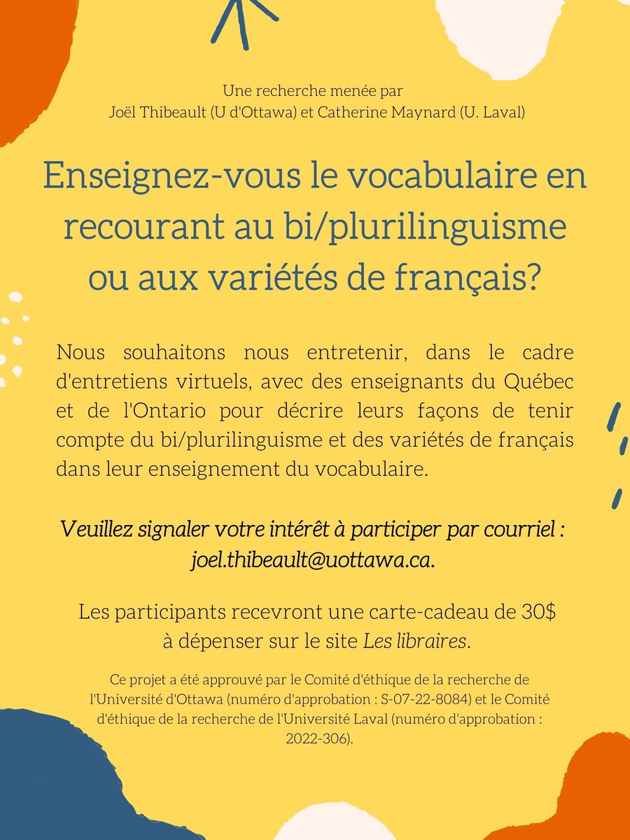 Nous sommes toujours à la recherche de personnes qui enseignent le vocabulaire au moyen du bi/plurilinguisme et des variétés de français. Si vous mettez en œuvre des pratiques originales, nous aimerions vous parler! Pour plus de détails, voir l’affiche!