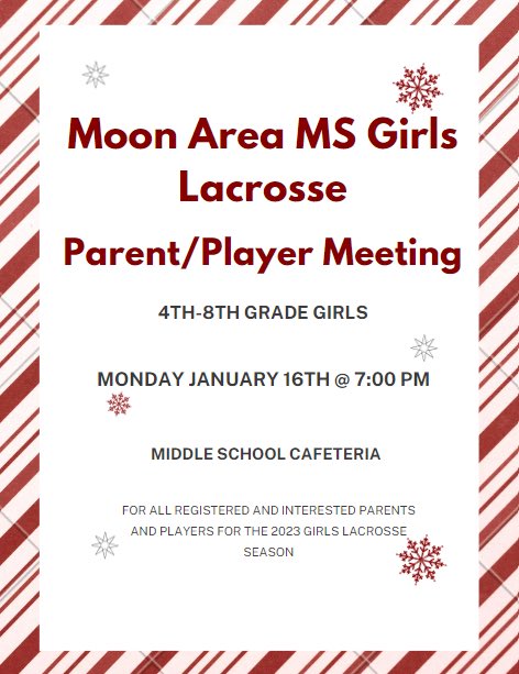 Informational meeting for MS girls LAX tonight @ 7 PM at the middle school cafeteria.  See you then!