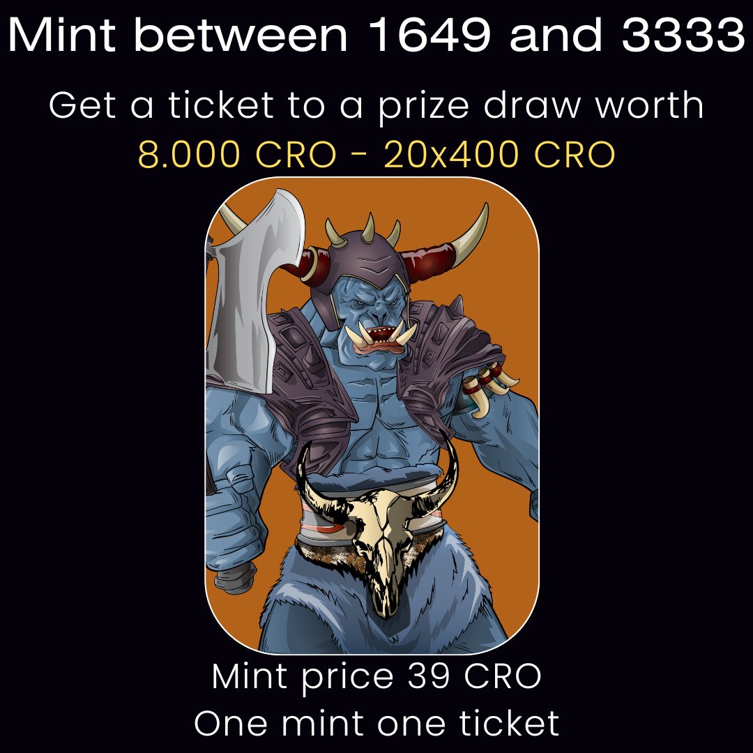 og_cronos's tweet photo. #Collab Mint Event🎁

Mint on https://t.co/MLC0JsispU with only 39 #CRO  &amp; win up-to 8⃣0⃣0⃣0⃣ #CRO from prize pool🤑

Prizes
🏆1x 50 #CRO  
🏆1x #NFT

Rules
✅Follow @BarbakOrcHorde @og_cronos 
✅Mint between 1649-3333 -1 mint 1 ticket🔥
✅❤️&amp;🔁&amp; Tag 3 #crofam  

72H⏳ https://t.co/mCn3Caa6R3