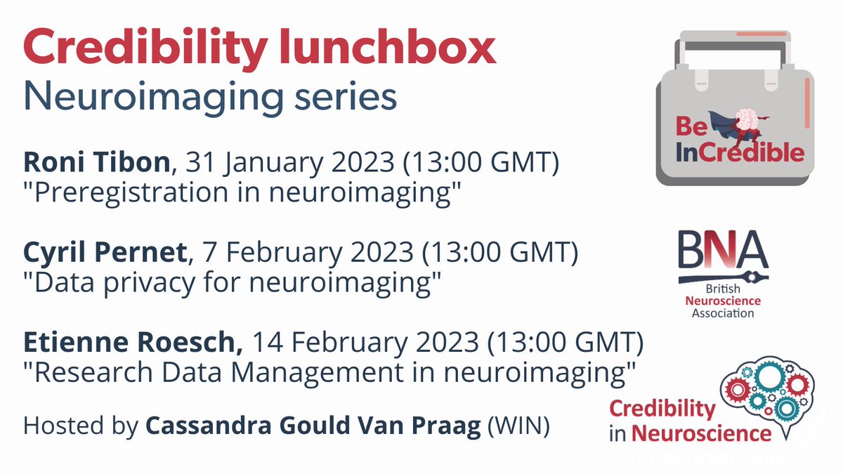 British Neuroscience Association (@britishneuro) on Twitter photo Our next Credibility Lunchbox series focuses on neuroimaging!
Hear from <a href="/ronitibon/">Roni Tibon</a> <a href="/CyrilRPernet/">Dr Cyril R Pernet 🇫🇷 🇩🇰</a> @etienneroesch on how to preregister your research, navigate data privacy, and manage your research data, in 3 free webinars with @cassgvp.
Register now: us02web.zoom.us/webinar/regist… Our next Credibility Lunchbox series focuses on neuroimaging!
Hear from <a href="/ronitibon/">Roni Tibon</a> <a href="/CyrilRPernet/">Dr Cyril R Pernet 🇫🇷 🇩🇰</a> @etienneroesch on how to preregister your research, navigate data privacy, and manage your research data, in 3 free webinars with @cassgvp.
Register now: us02web.zoom.us/webinar/regist…