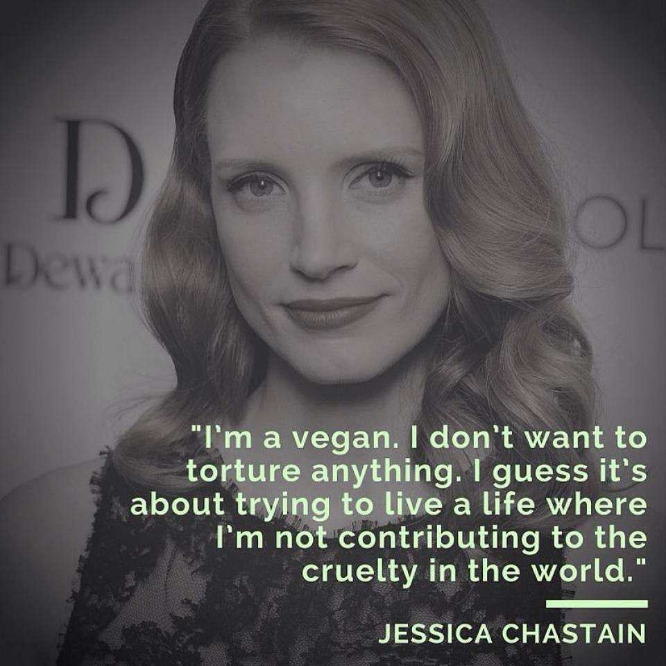 “I am a #vegan I don’t want to torture anything. I guess it’s about trying to live a life where I’m not contributing to the cruelty in the world” - Jessica Chastain