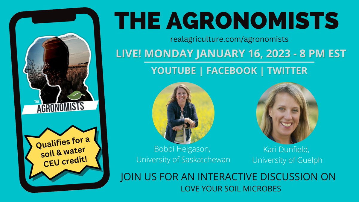 realagriculture's tweet photo. Join us LIVE tonight for #TheAgronomists w/ @helgason_bobbi & @karidunfield on love your #soilmicrobes.
Thank you to sponsors: @ADAMA_CAN, @SeedMasterMfg, FMC Preschool @FMCAgCanada
#cdnag #ontag #westcdnag #canolamaster https://t.co/mN71scm69X
