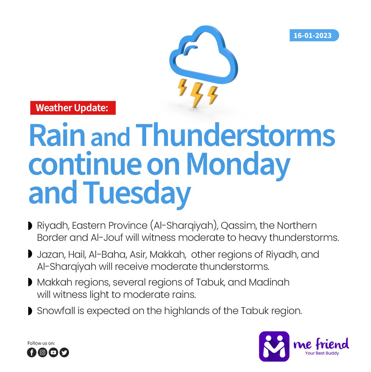 mefriendapp's tweet image. Saudi Weather: Rain and Thunderstorms continues on Monday and Tuesday 

#weatherupdates #saudiweather #ksaweather