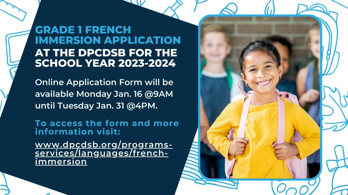 #DPCDSB Grade 1 French Immersion Registration for the 2023-2024 school year is now open! Applications will be accepted until  until January 31, 2023 at 4 p.m. 

➡For more information and to register, visit: dpcdsb.info/French-Immersi…