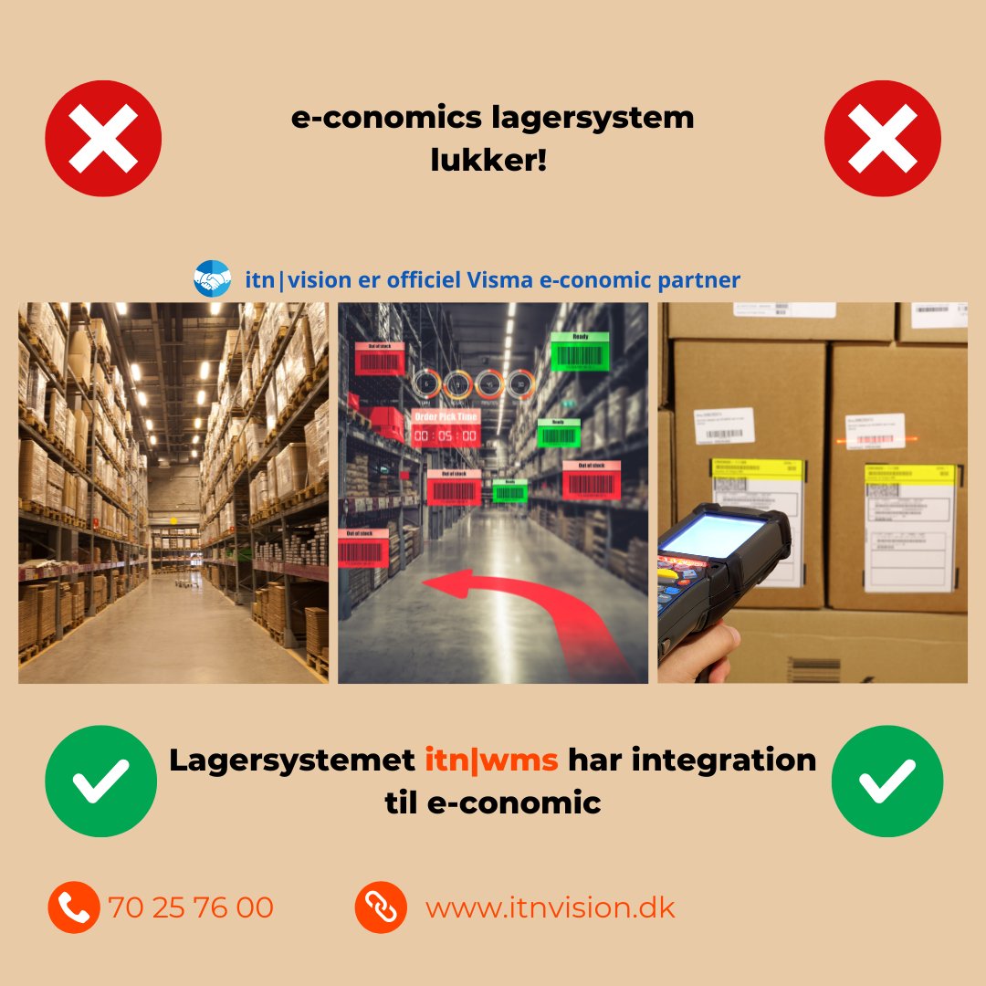 itnSalg's tweet image. 𝗚𝗼𝗱𝗲 𝗴𝗿𝘂𝗻𝗱𝗲 til at få itn|wms:

✅Bedre overblik og struktur på lagret
✅Styring af varianter, serienummer, batch og sidste salgsdato
✅Kompatibel med alle brancher
✅Nem og hurtig integration til e-conomic
✅Officiel Visma e-conomic partner