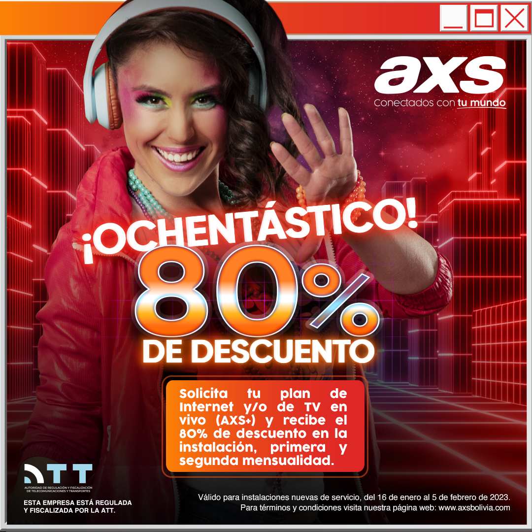 axsbolivia's tweet photo. ¡Esta oferta suena mejor que un hit de los 80’s! 📺💻🎉
Recibe:
🤯 80% de descuento en en el costo de instalación.
🤯 80% de descuento en tu primera mensualidad.
🤯 80% de descuento en tu segunda mensualidad.
#ConectadosConTuMundo
#EstamosConectados
#OfertaOchentástica
#AXSNet https://t.co/LZBefLhZwc