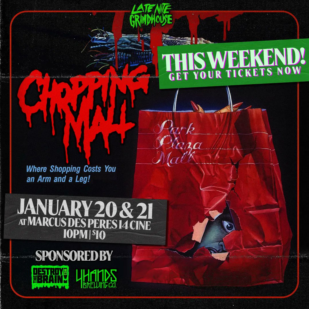 dtbhorror's tweet photo. THIS WEEKEND! Before M3GAN, there was CHOPPING MALL! Join us at our Late Nite Grindhouse program at Marcus Theatres Des Peres 14 Cine in St. Louis at 10pm Friday &amp; Saturday. Deets: https://t.co/JmLc1bwwCw https://t.co/wCQd9g9Qf0