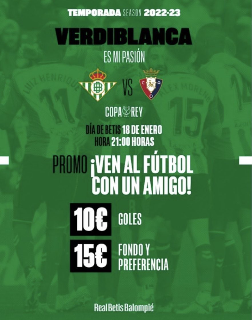 24Gavii's tweet photo. ÚLTIMA HORA | 🟢 El Real Betis Balompié ha sacado una promoción con el lema “Ven al fútbol con un amigo” donde se podrá adquirir cada *Abonado* o *Yo soy Bético* dos entradas a precio reducido. 

𝐋𝐋𝐄𝐍𝐄𝐌𝐎𝐒 𝐄𝐋 𝐕𝐈𝐋𝐋𝐀𝐌𝐀𝐑𝐈𝐍 y démosle a nuestros jugadores cariño 💚 https://t.co/wgqnK4xm0R