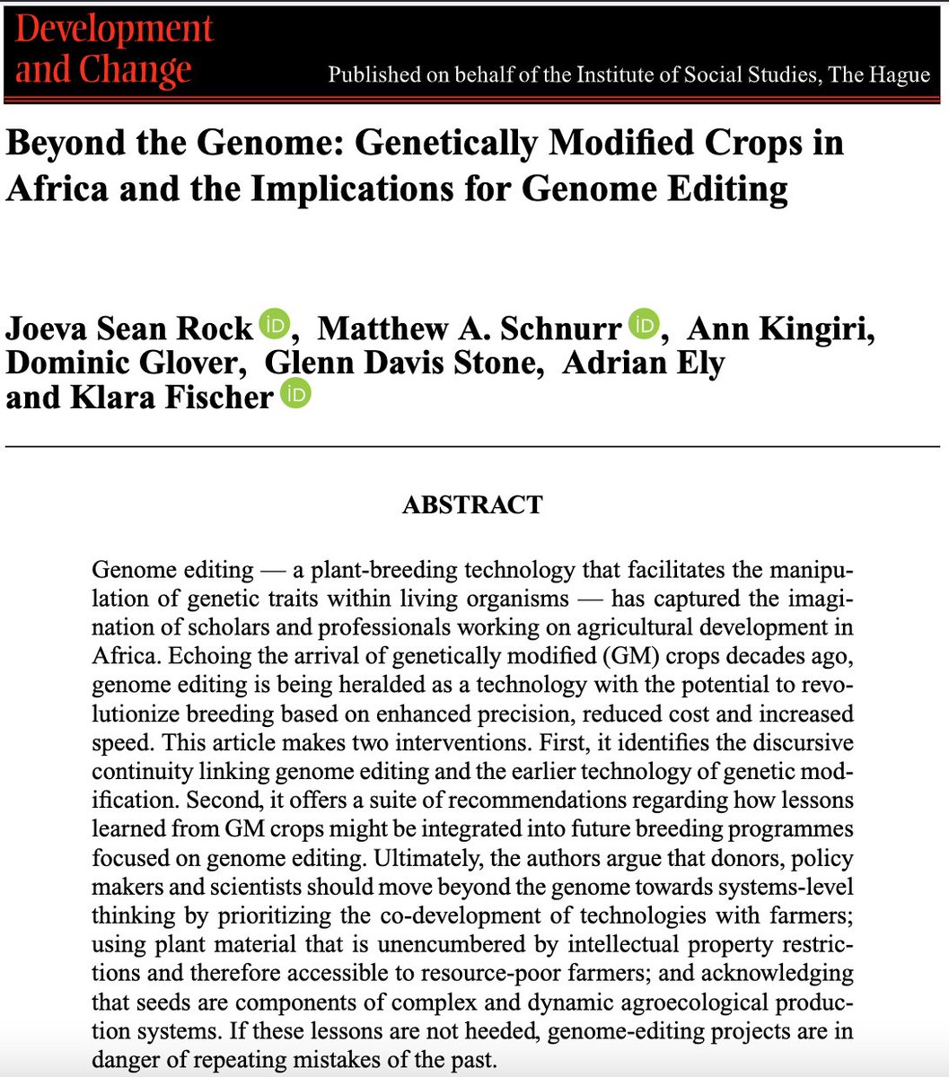 New publication with a dream team of colleagues in which we ask: what lessons do the legacies of genetically modified crops in Africa offer in understanding future applications of genome editing?

Available open access: doi.org/10.1111/dech.1…