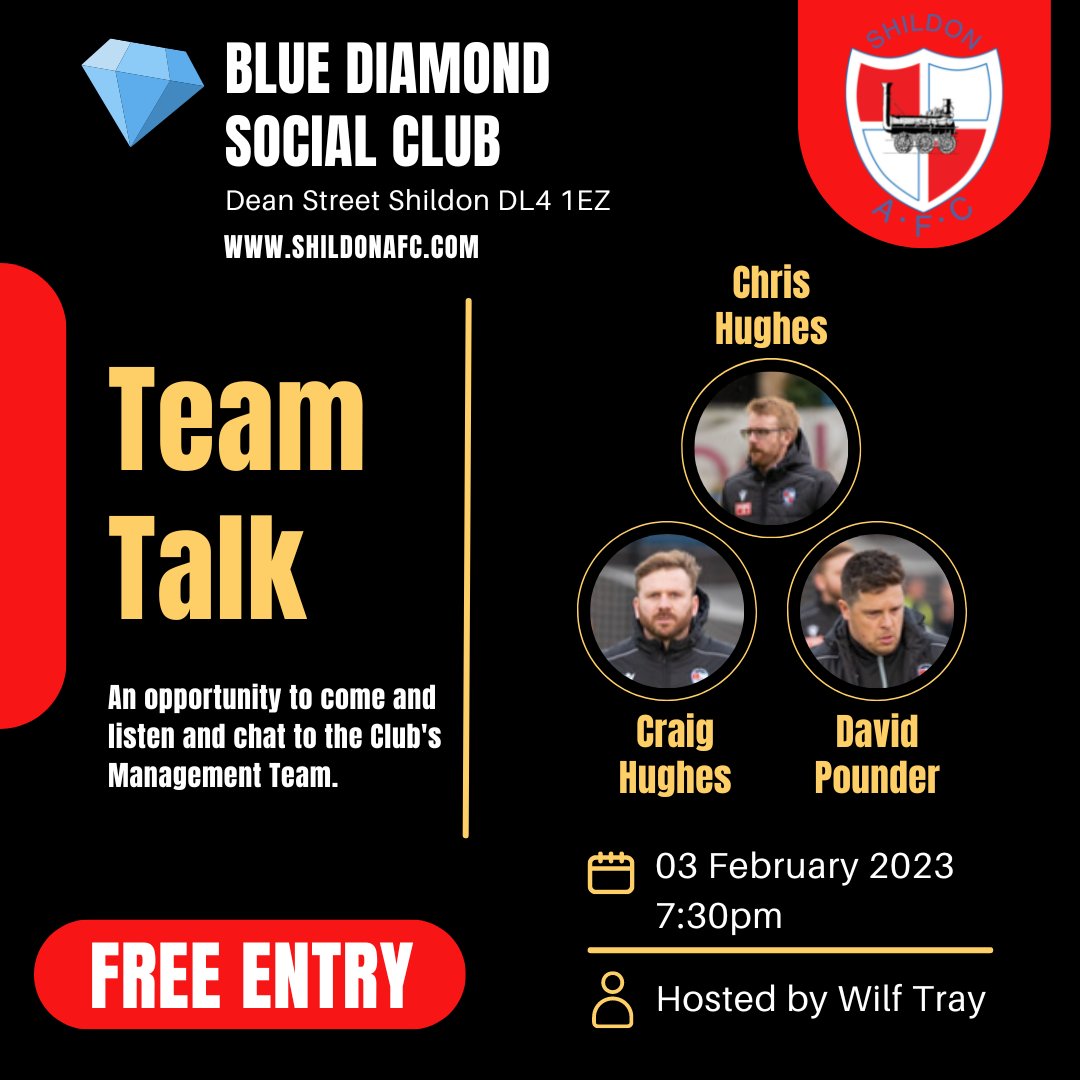 'Team Talk' in the Blue Diamond💎Social Club  returns on 03/02/23.  This time we have the Club's Management Team of Chris Hughes, Craig Hughes and David Pounder talking to <a href="/wilftray/">wilf tray</a> and answering your questions.  It kicks-off at 7:30 and ENTRY IS FREE!  Details:👇
🔴⚪️🚂⚽️