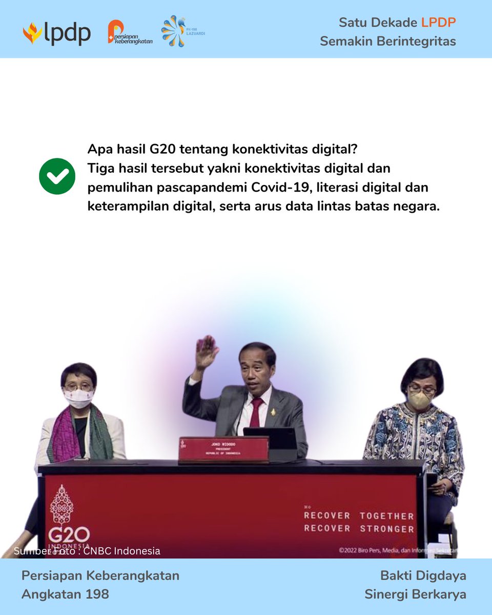 Hallo sobat Zuardian !
KTT G20 di Bali telah sukses dilaksanakan dan Salah satu isu yang berhasil disepakati yaitu isu Konektivitas Digital. Penasaran apa itu Konektivitas Digital? Yuk kita pelajari bersama!
<a href="/LPDP_RI/">#DiriUntukNegeri</a> 
#DiriUntukNegeri
#SDMUnggulIndonesiaMaju
#AkuPastiMengabdi
