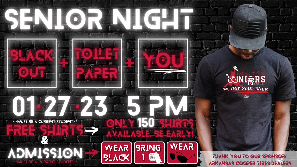 SandLizardHoops's tweet photo. #BlackOut + #ToiletPaper = #SeniorNight

Students: do the three, get in for free! 🖤 🧻 🕶️ 

Wear 🖤Black🖤, bring all the 🧻 TOILET PAPER 🧻 you can and come and support a phenomenal group of Seniors! Let’s make sure their “Final Chapter” is wild, crazy and fun! #SandLizardHoops https://t.co/WlJBuGBgT5