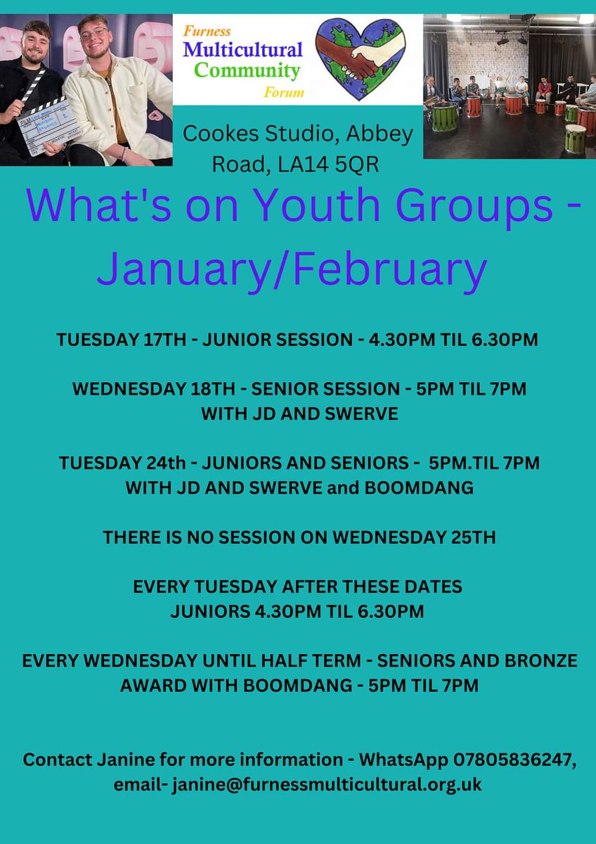 Our fantastic Youth Groups start again tomorrow with the Juniors. We have some brilliant sessions lined up for the first part of the year with <a href="/boomdang/">Boom Dang</a> and Swerve and JD!
All welcome!
For any further information please use the contact details below!