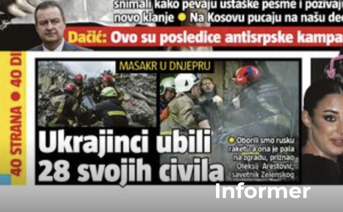ivanastradner's tweet photo. Disgraceful. “The Ukrainians have killed their own 28 civilians.” This is how Serbian govt controlled media reports about the news after a deadly Russian strike on Dnipro apartment block. https://t.co/ky4b3oeTqJ
