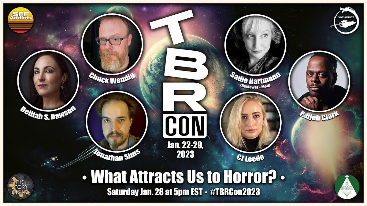 1/2 #TBRCon2023 day 7 continues with some scares! The ‘What Attracts Us to Horror?’ panel features mod @SadieHartmann and panelists <a href="/ChuckWendig/">Chuck Wendig</a> <a href="/DelilahSDawson/">Delilah S. Dawson has left the building</a> <a href="/pdjeliclark/">@pdjeliclark.bsky.social</a> @jonnywaistcoat and CJ Leede!
This panel streams LIVE on Jan. 28 @ 5pm EST here👇
youtube.com/@FanFiAddict