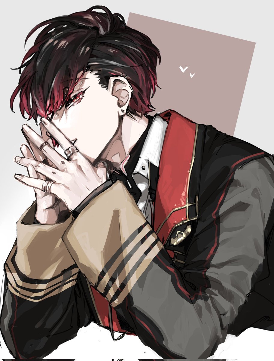 1boy male focus jewelry ring red hair solo red eyes  illustration images