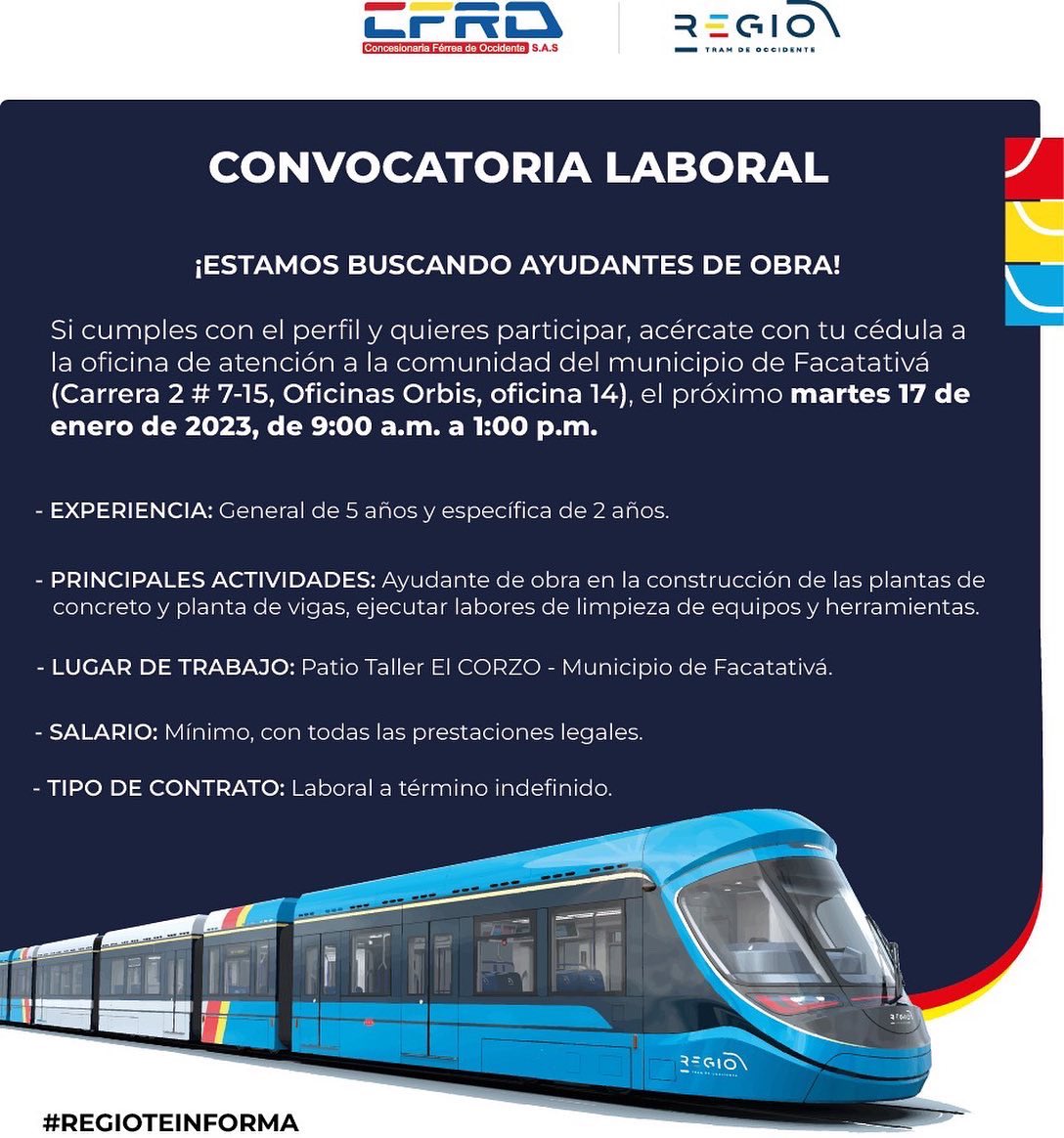 RegiotramCFRO's tweet photo. #RegioTeInforma 🚊
Te invitamos a participar en estas nuevas ofertas laborales. Si cumples son los perfiles, no dudes en acercarte y aplicar.
#NuestroRegio #RegioTeInforma #CFRO #Regiotram https://t.co/nT76OTKzwN