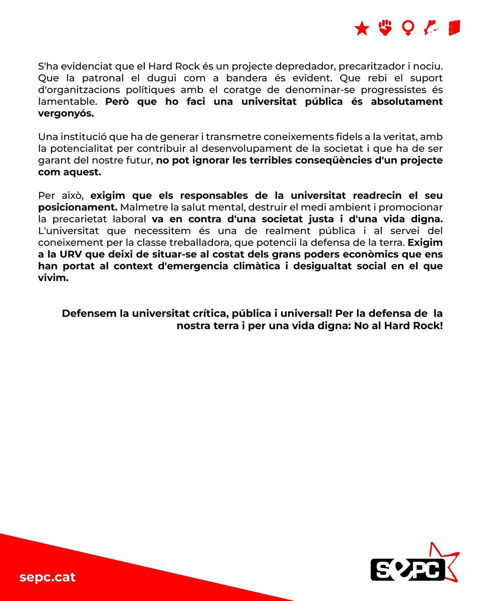 📝 Manifest || Avui les estudiants hem defensant el nostre territori a la URV. 

No permetrem que una universitat pública recolzi un projecte basat en la precarització i la massificació turística!