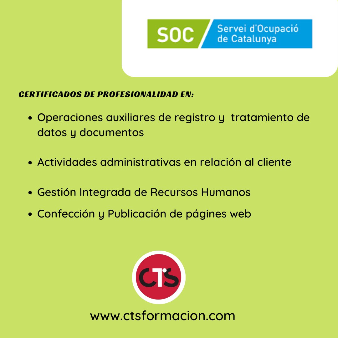 CTS_Formacion's tweet photo. Forma´t mentre busques feina!
Formació Ocupacional, 100% subvencionada per el @ocupaciocat #Soc
Certificats de professionalitat en la familia d´Administració i Gestió, així com de Disseny de pàgines web. 
#treball  #activitatsadministratives
https://t.co/JmEY9tTeJh https://t.co/fo0jhqC2pc