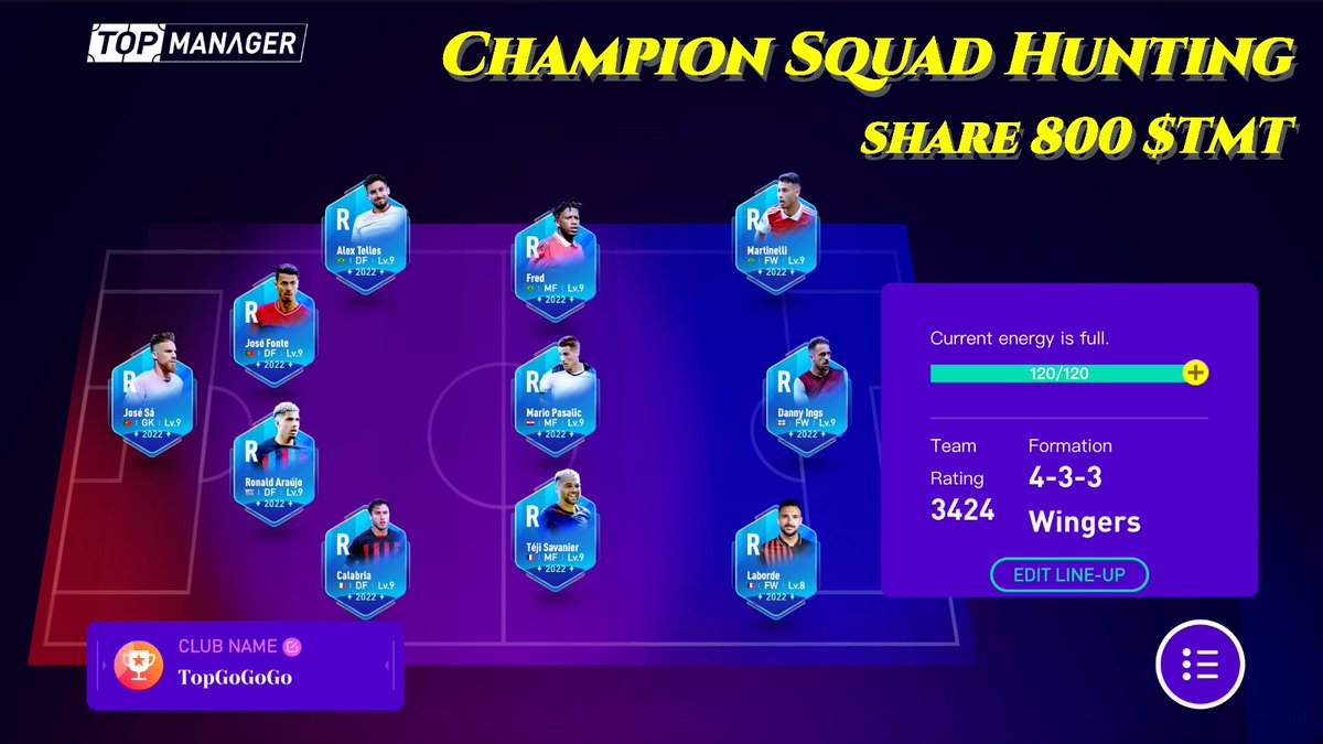 🛠️Champion Squad Hunting🛠️

Reply with your TopManager #ChampionSquad + <a href="/TopGoal_NFT/">TOPGOAL ($GOAL)</a> 

Top10 with the most likes &amp; unique footballers can share 800 $TMT

Yes, we'll retweet it!!