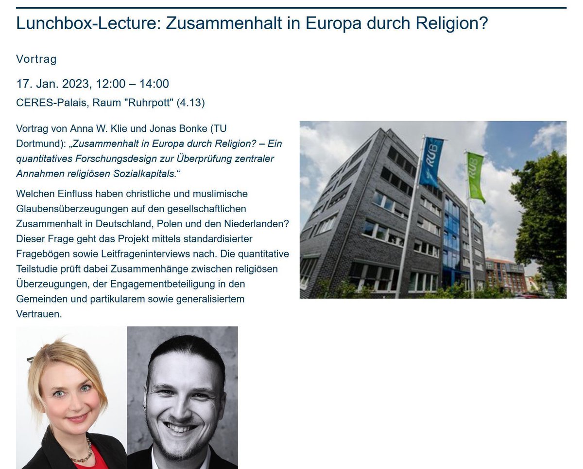 Wir freuen uns auf die Lunchbox-Lecture morgen <a href="/CERES_RUB/">CERES</a> zu unserem interdisziplinären, vom @BMBF_Bund geförderten Forschungsprojekt "Zusammenhalt in Europa durch Religion?"