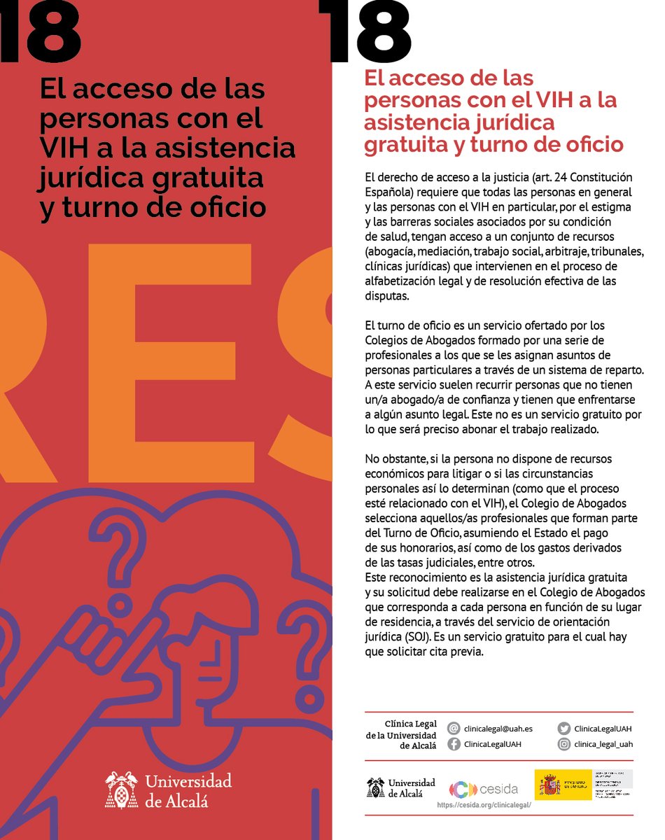 ClinicaLegalUAH's tweet photo. ¿Las personas con #VIH pueden acceder a la asistencia jurídica gratuita y turno de oficio? Contestamos a esta duda en la píldora informativa Nº 18 sobre #VIH y #DerechosHumanos 
⬇️
Más información en clinicalegal@uah.es https://t.co/vGFxqANgUl