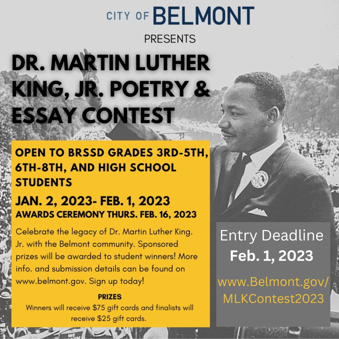 Today, we celebrate American icon Dr. Martin Luther King, Jr. 

This federal holiday is now a day of service in local communities. Know a #creativekid? Check out Belmont.gov/MLKContest2023. 

Our offices may be closed, but we remain on #CAwx watch. #MLKDay #IHaveADream @NMAAHC