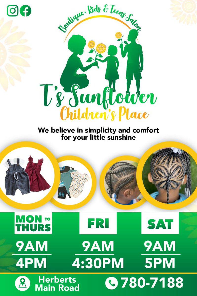 VibzFMHD's tweet photo. Located on Herbert’s Main Road is your ideal two in one spot for all your children’s needs. 

It’s T’s Sunflower Children’s Place, a clothing store and hair salon just for Kids and teens. Gift certificates available. 

For more information and appointments, call 780-7188 https://t.co/XU6psEoPeC