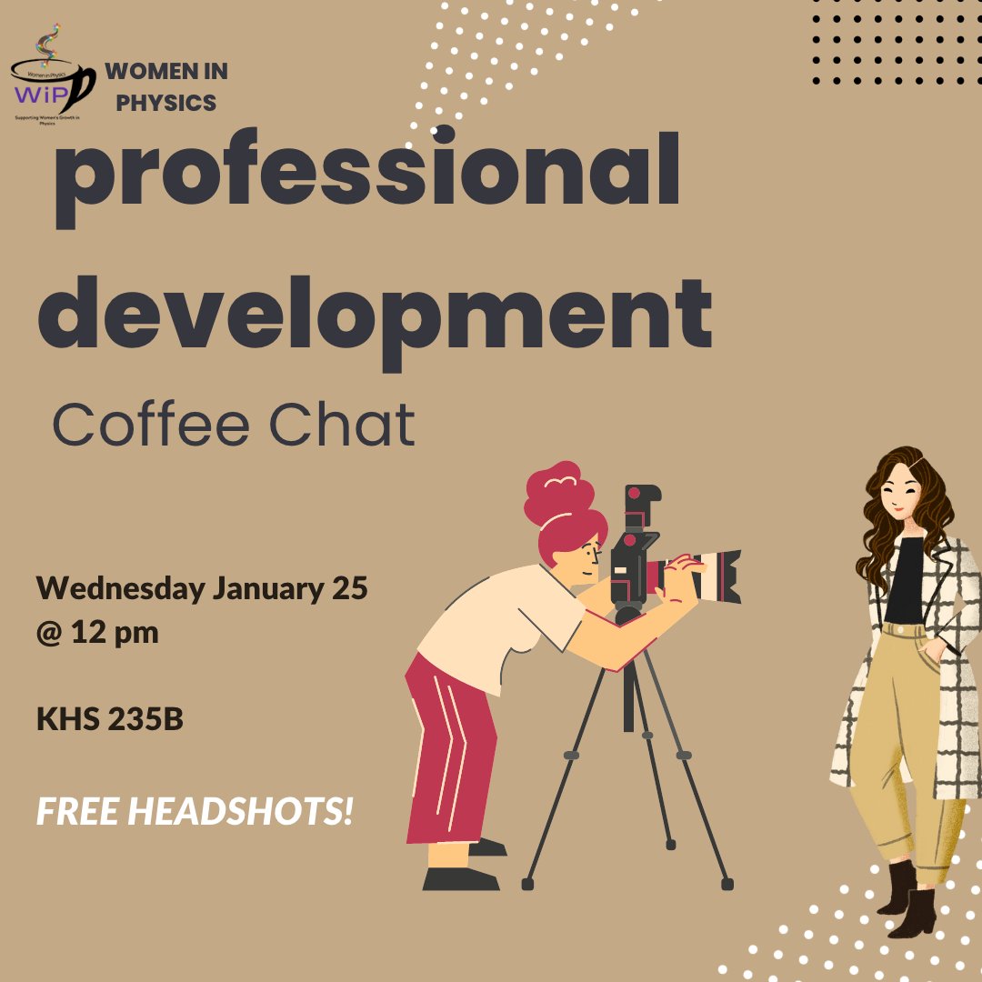 Professional Development Coffee Chat on Wed. Jan. 25 @ 12 PM at KHS 235B

Come for FREE HEADSHOTS and advice on career paths &amp; academia!

forms.gle/X3ZopLs2UAHFGs…