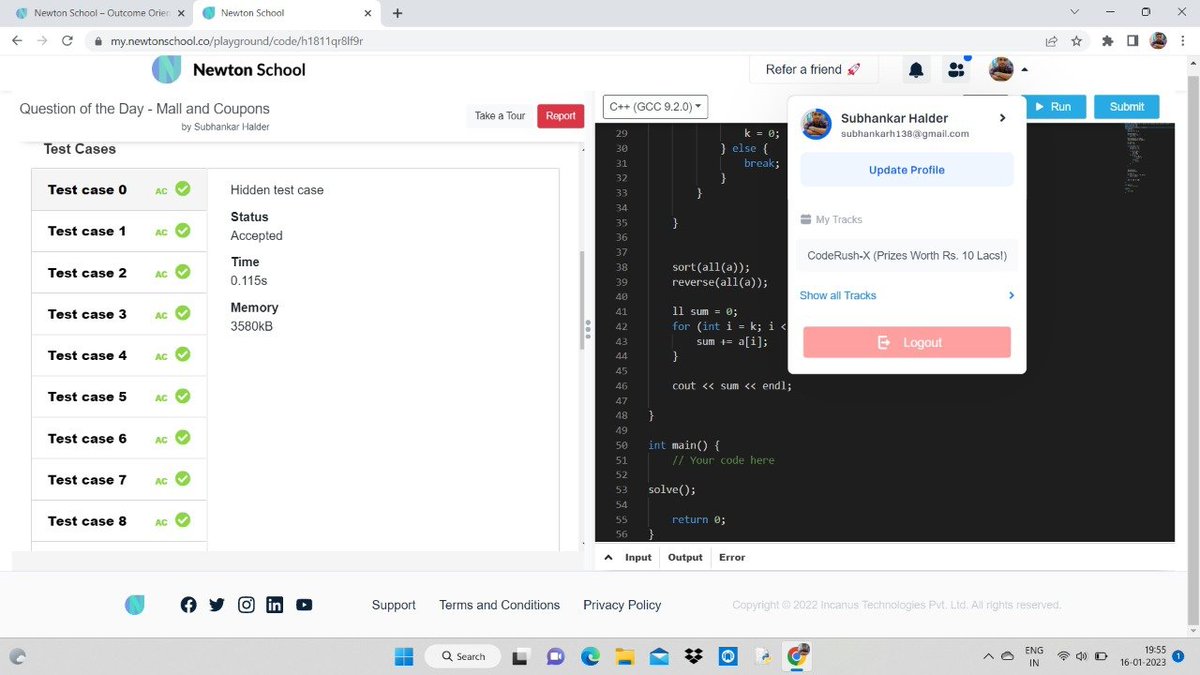 Subhankar938's tweet image. Today I have solved Mall and Coupons using C++ . 
#language_used
#Day1 of #30daysofcode
@everydaycoders #community #coding #programming #competitiveprogramming #codingchallenge #dsa #bubbleupcommunity