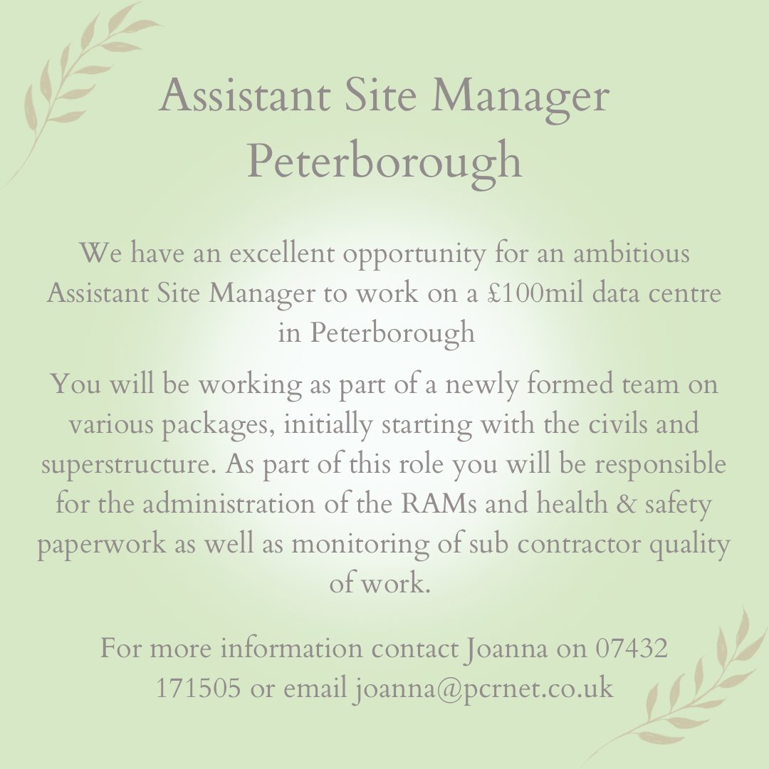 RecruiterJoanna's tweet image. Great opportunity for an Assistant Site Manager based in Peterborough on a flagship project

#peterboroughjobs #assistantsitemanager #asm #sitemanagerjobs #construction #constructionjobs #datacentre #datacentejobs #hiring #recruiting #maincontractor #maincontractorjobs