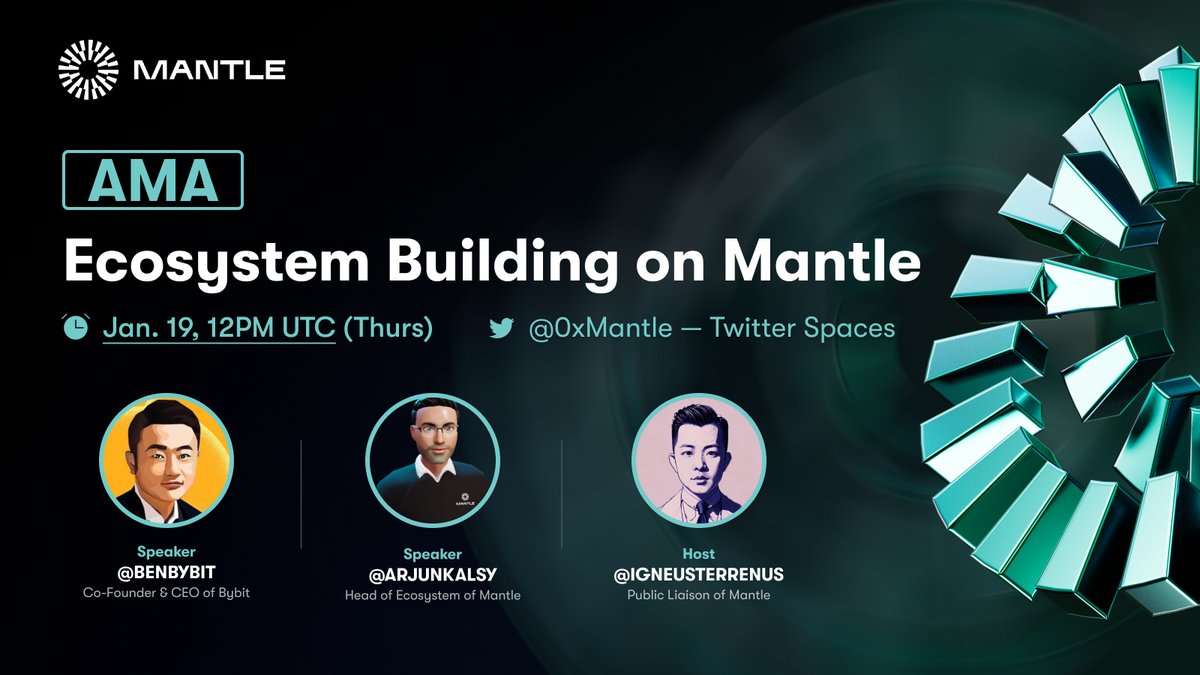 Mantle_Official's tweet photo. 🥳 We're thrilled to have @benbybit, co-founder &amp; CEO of @Bybit_Official, and Mantle's Head of Ecosystem @arjunkalsy at our next AMA!

🗓️ Jan. 19, 2023, 12PM UTC

👇 Tag your questions in the replies or on Discord https://t.co/0TWBgKCa38 using #BuildonMantle! https://t.co/oRGxrtez5p
