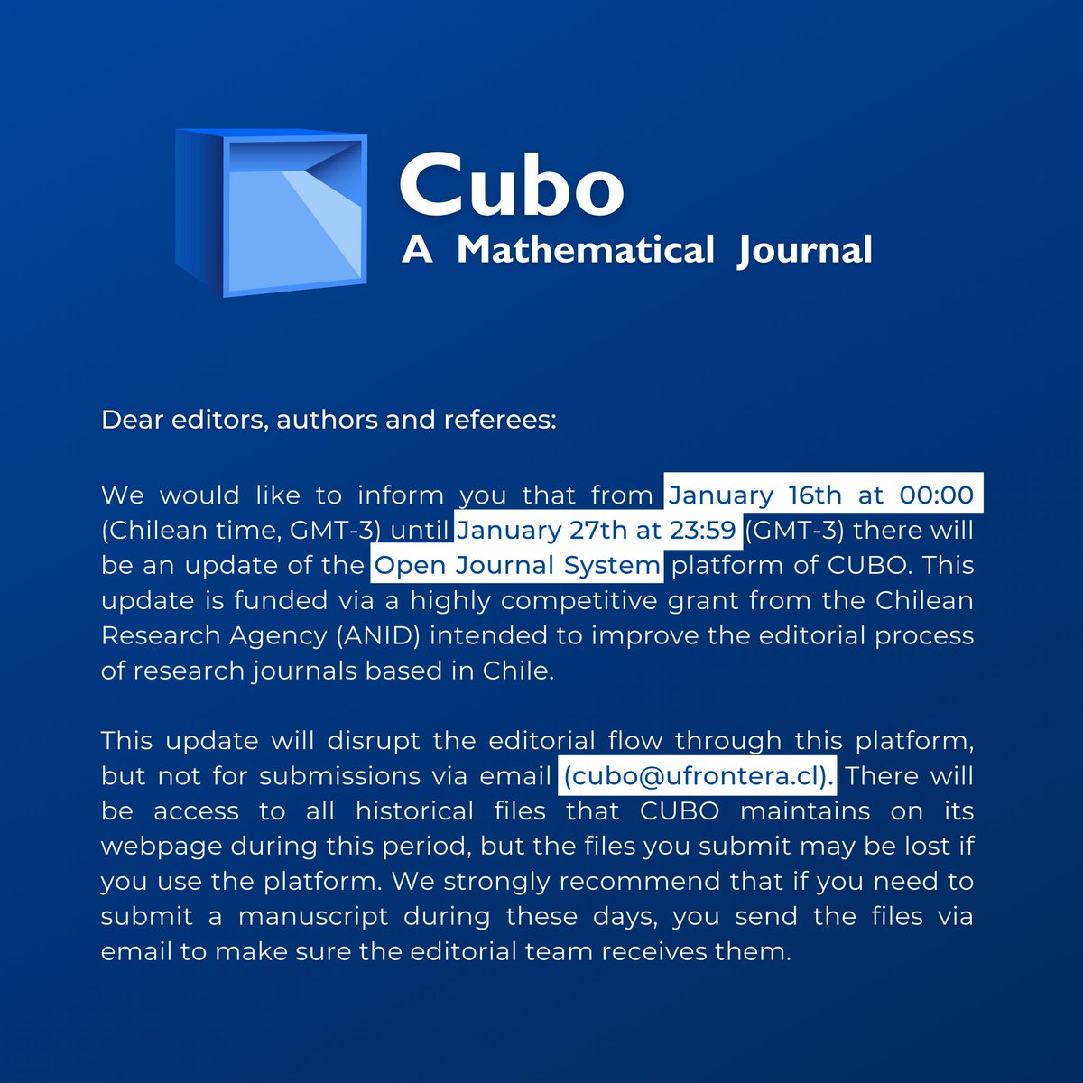 Cubo_Journal's tweet photo. 🔴 We inform all our users that from today, Monday, January 16th at 00:00 (Chile time, GMT-3) until Friday, January 27th at 11:59 (GMT-3), an update will be made to the Open Journal System platform of our portal https://t.co/l3ZBKb7fF4. https://t.co/81DCOghEzL
