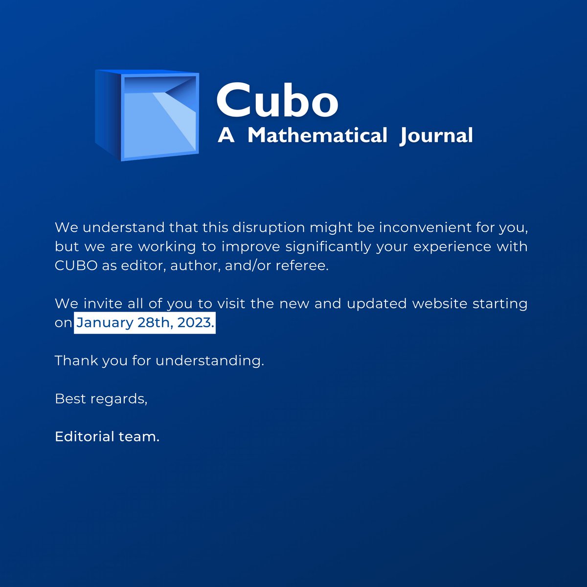 Cubo_Journal's tweet photo. 🔴 We inform all our users that from today, Monday, January 16th at 00:00 (Chile time, GMT-3) until Friday, January 27th at 11:59 (GMT-3), an update will be made to the Open Journal System platform of our portal https://t.co/l3ZBKb7fF4. https://t.co/81DCOghEzL