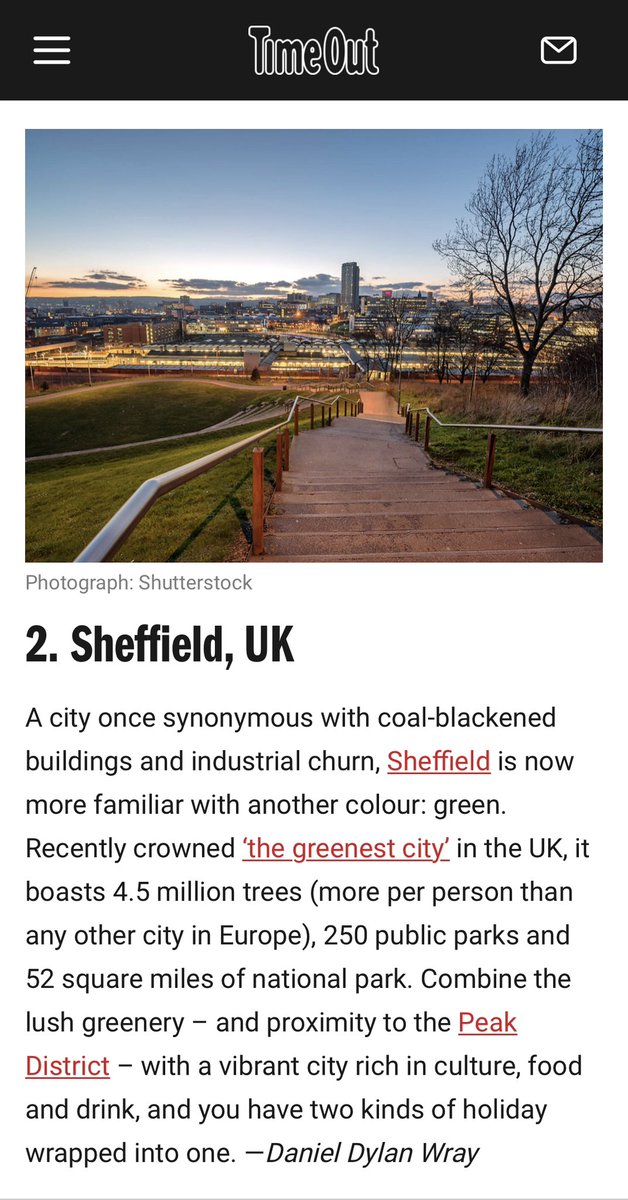 😮🙌 We’re absolutely delighted to see #Sheffield listed at No.2 in @TimeOutTravel’s ‘18 Best City Breaks in Europe for 2023’- that’s up from 9th place when we were last featured!🎉 timeout.com/europe/things-… 👀 #VisitSheffield #TheOutdoorCity