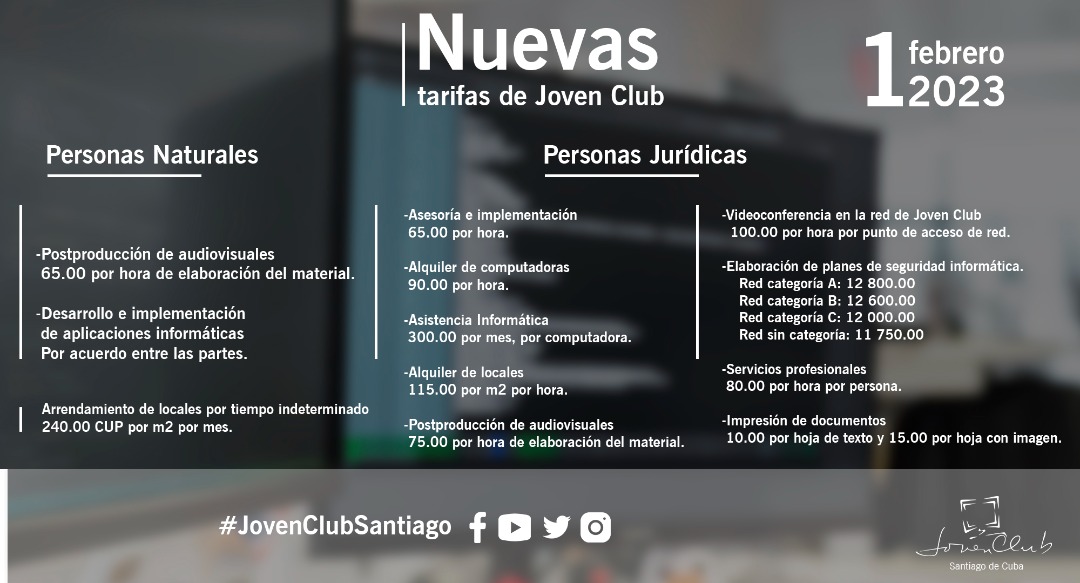 #JovenClub modifica sus servicios a partir del 1ro de febrero🗓️.
📌Próximamente en nuestras redes📲 sociales estaremos compartiendo más información.

#JovenClubSantiago
#JovenClubTeConecta
#CubaInformatiza