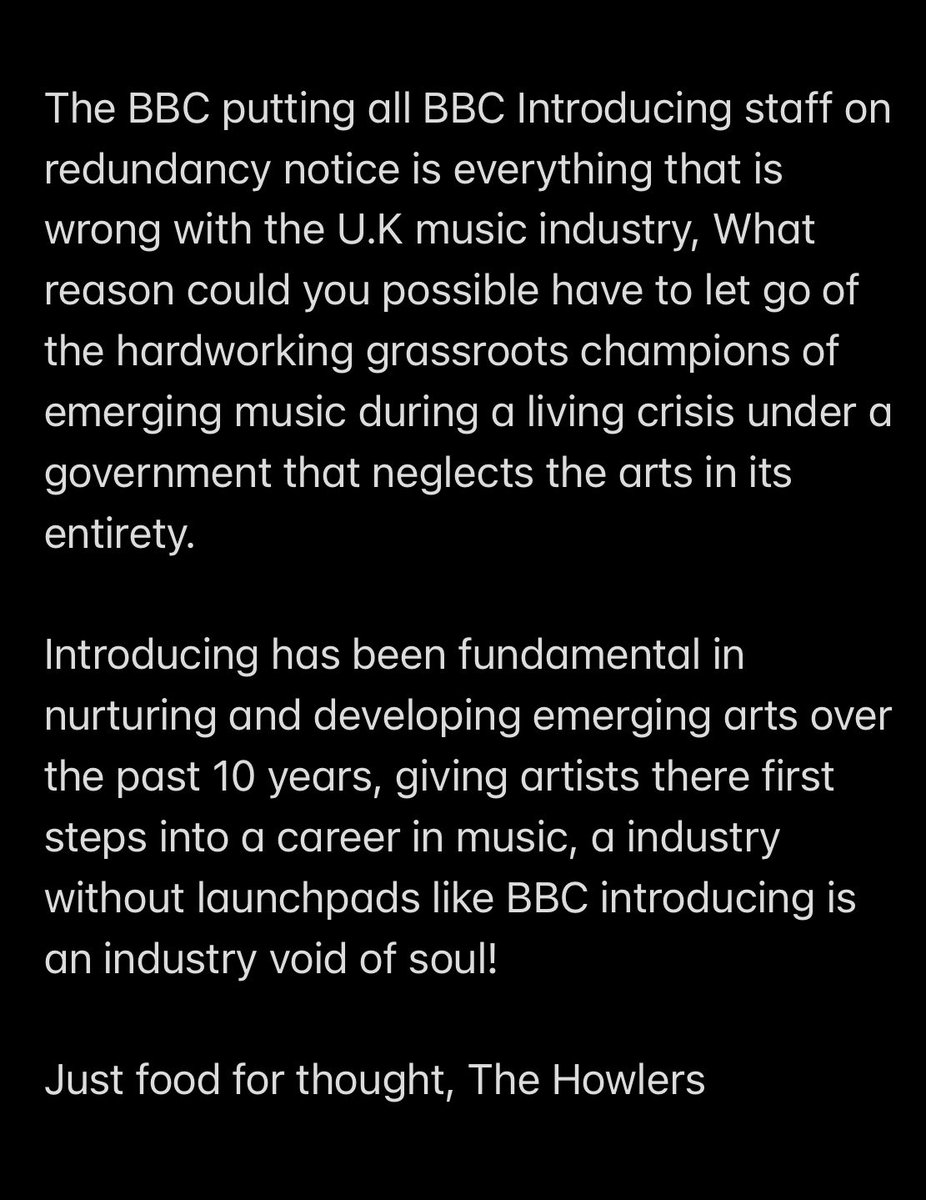 A Music Industry without @bbcintroducing is an industry void of soul! To all the staff at BBC introducing facing redundancy, we have worked with over the years, we wouldn’t be here without you!