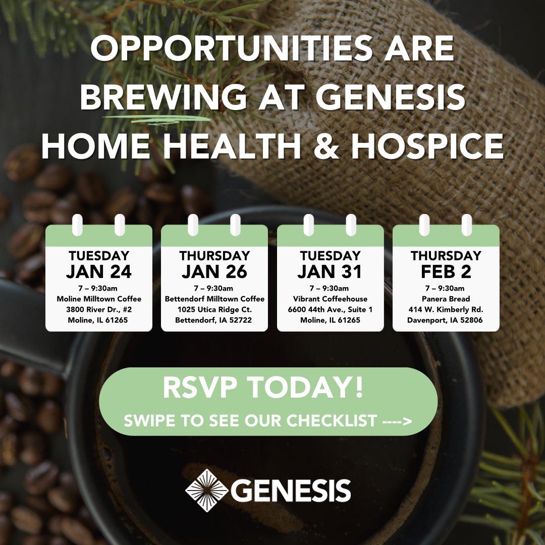 Opportunities are brewing at Genesis Home Health & Hospice. We are hiring RNs, CNAs, and Social Workers. Join us for a cup of coffee to learn more and apply today. tinyurl.com/ycbt5cr5
