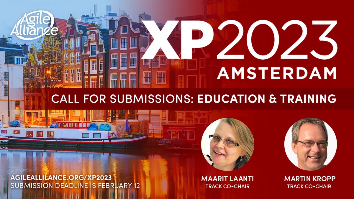 Submit your proposal now!👉 agilealliance.org/xp2023/call-fo… with <a href="/MaaritLaanti/">Maarit Laanti</a> and <a href="/MartinKropp3/">Martin Kropp</a> with the <a href="/AgileAlliance/">Agile Alliance</a> #XP2023 #agile #education #training #sustainablility