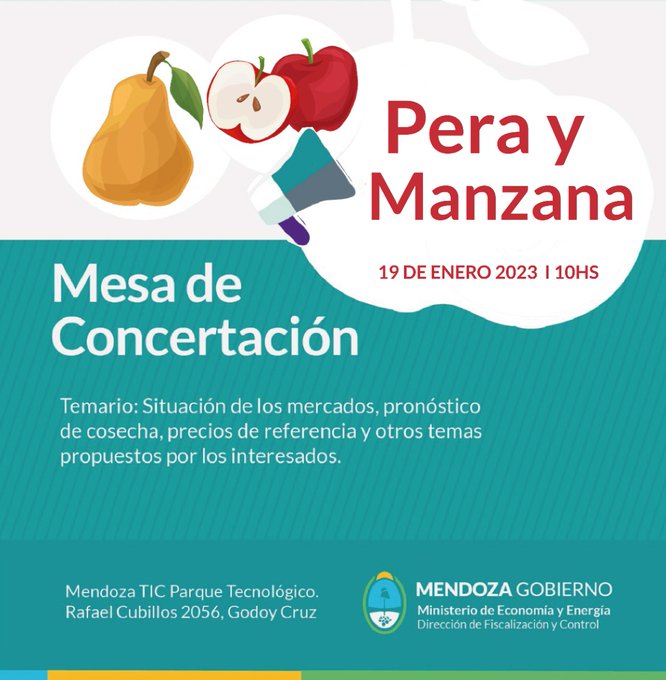 #Gestión #Mendoza 
Si sos productor o industrial de pera y manzana, te esperamos en el <a href="/ParqueTIC/">Mendoza TIC Parque Tecnológico</a> para conformar la mesa de concertación 
Ingresá en acortar.link/uQvllD para inscribirte