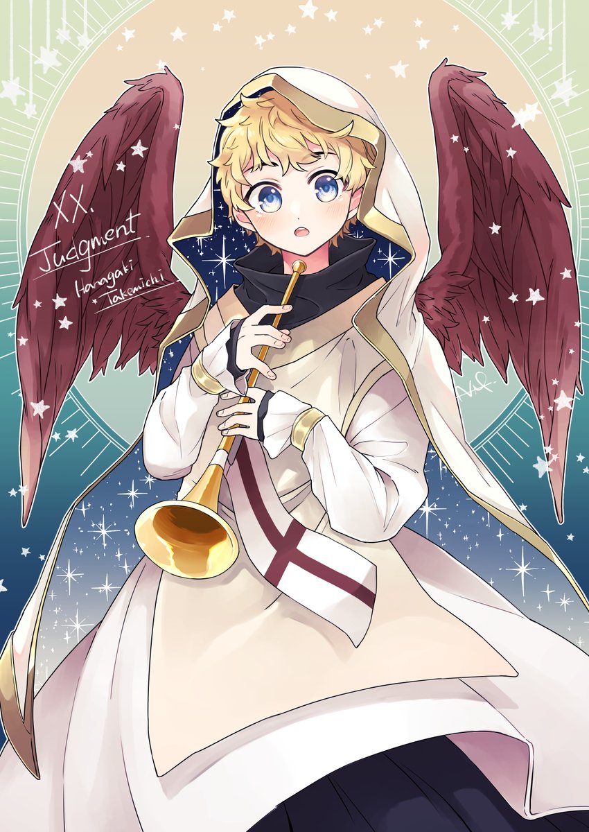 male focus 1boy wings blonde hair blue eyes instrument solo  illustration images