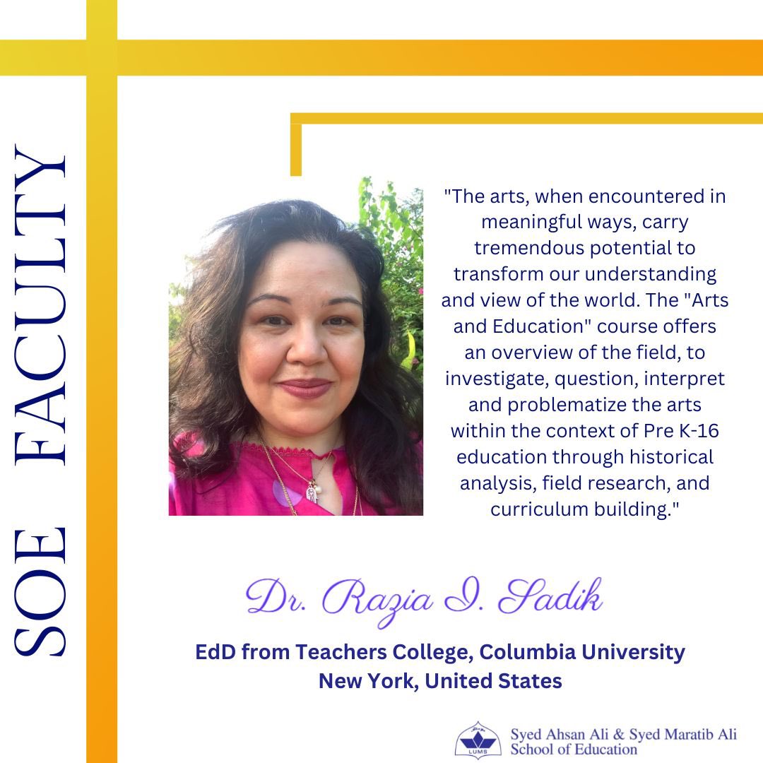 LUMS_SOE's tweet photo. Dr. Razia Iram Sadik highlighting the importance of Arts in the field of Education by talking about her course “Arts and Education”
Admissions Open Now!
Be a Leader of Education Reform!
Apply now!
Scholarships and loans available!
#LifeatSOE #LifeatLUMS https://t.co/1x5DwKGEIO