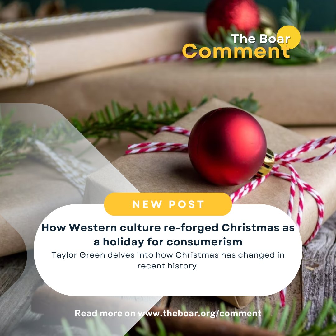 BoarComment's tweet image. Taylor Green comments "Christmas as a whole, perpetuates American ideals and values of competitive consumerism"

Read the article here: theboar.org/2023/01/meanin…

Image: Unsplash/Mel Poole