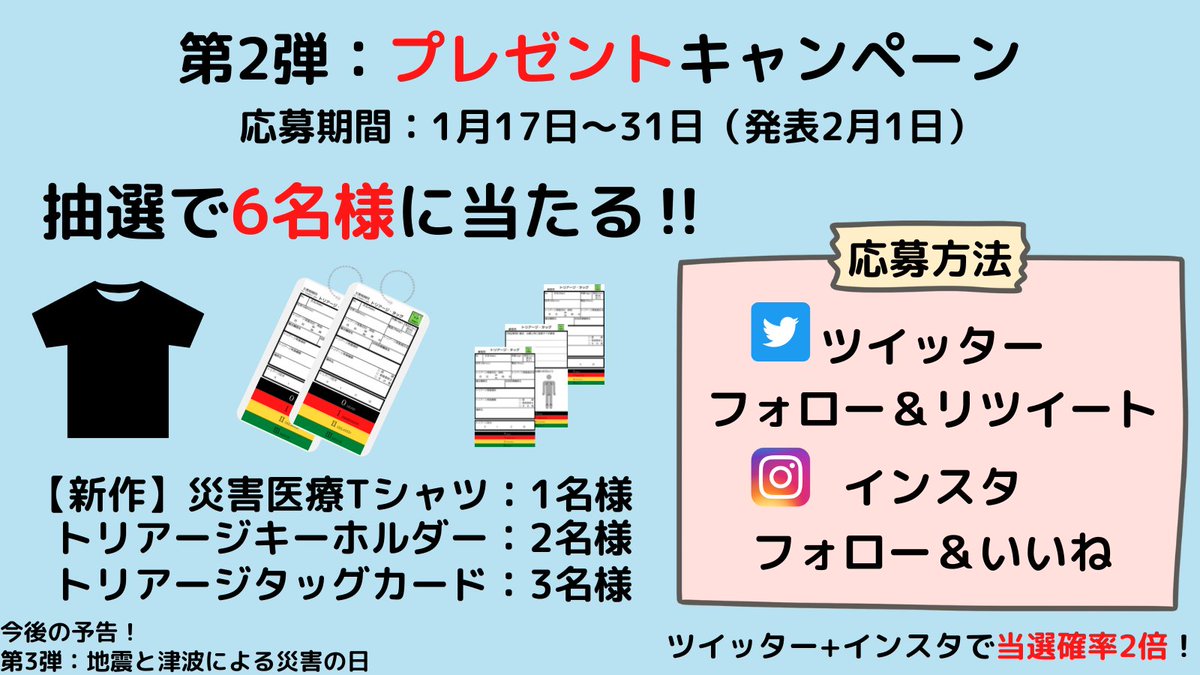 bigFJbook's tweet photo. 災害医療大学プレゼントキャンペーン第2弾
6名様にグッズが当たります！

応募条件
①この投稿をリツイート
②災害医療大学　広報部をフォロー

1月31日23時59分まで

2月1日に当選発表＆新作グッズ販売開始

応募規約
https://t.co/lpDbzqTeL0

#プレゼント企画 #懸賞 #阪神淡路大震災 https://t.co/6J20dYHasX