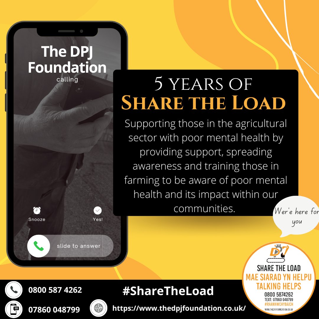 The @dpjfoundation celebrate 5 years of #ShareTheLoad! 🎉🎉🎉

Five years of a helpline, support, counselling, #mentalhealth awareness training & info sharing for the agri community across all of Wales!

👉bit.ly/DPJcelebrate5👈

#TalkingHelps #MidWales #Powys #BrewMonday
