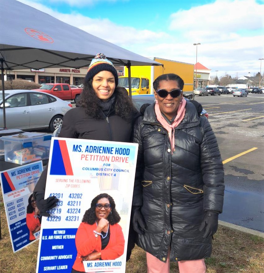 This MLK holiday we have to celebrate this fabulous duo. Ms. Adrienne Hood was seeking signatures Saturday afternoon in freezing temperatures to make it on the May primary City Council ballot in the newly created District 4. @ColumbusCouncil @mh4oh #MLKDay2023