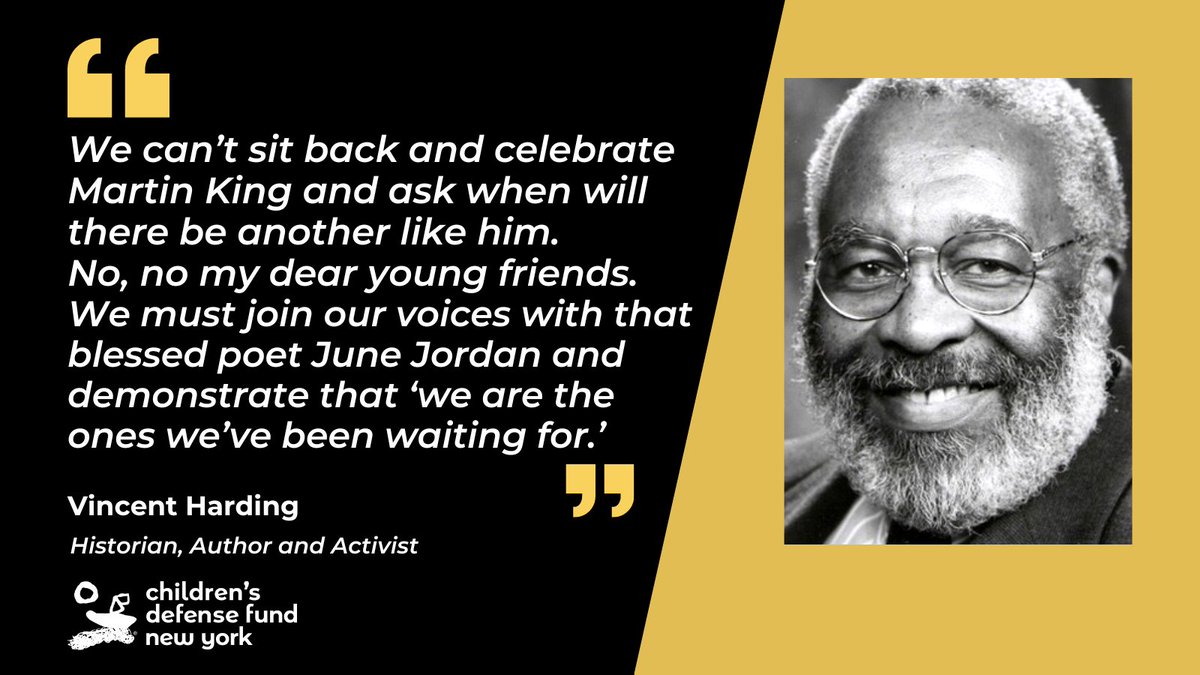 CDFNewYork's tweet photo. On #MartinLutherKingJrDay, we remain inspired by Dr. King's powerful legacy & reminded by the words of June Jordan & Vincent Harding that "We are the ones we've been waiting for" to #NYEndChildPoverty & #CreateAnotherNY where ALL young people can not only grow but thrive. #MLKDay https://t.co/7nDa19hNqo